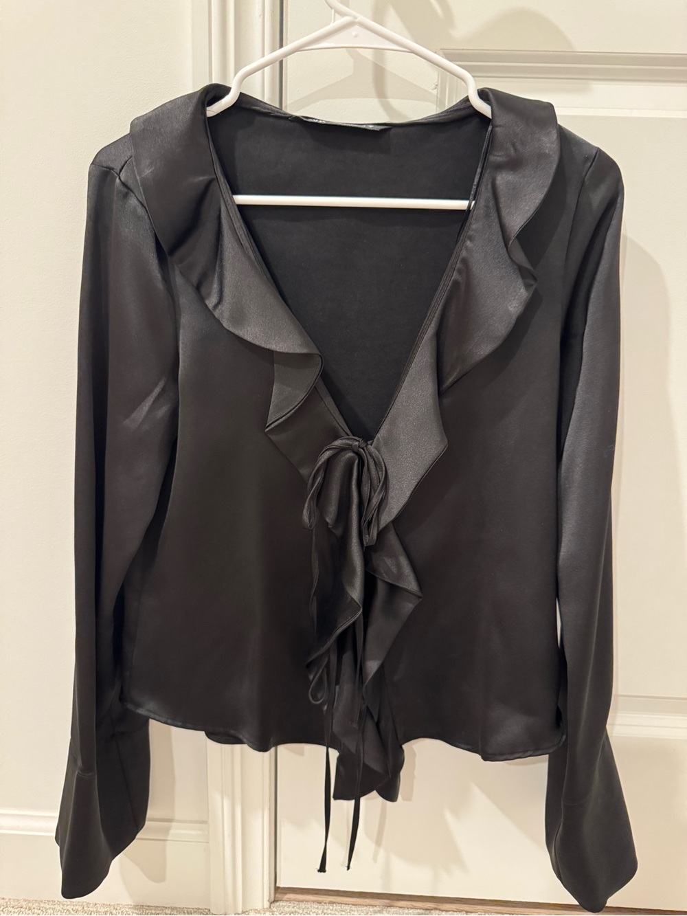 Zara Black Satin Ruffle Tie-Front Blouse - SIZE MEDIUM